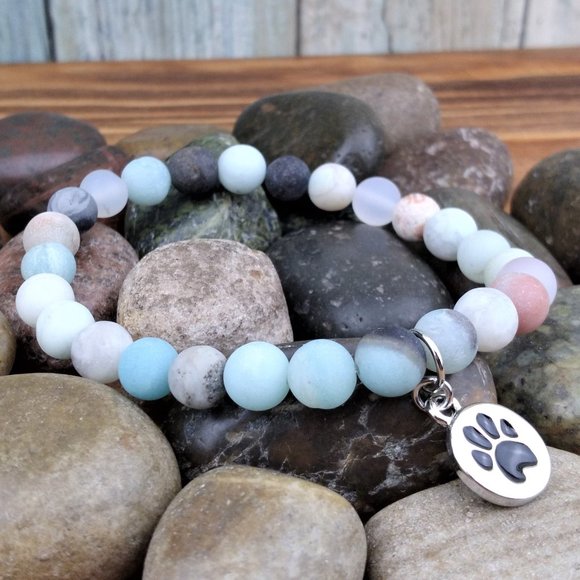 Jewelry - Paw Print Charm Matte Amazonite & Marine Agate Beaded Stretch Bracelet